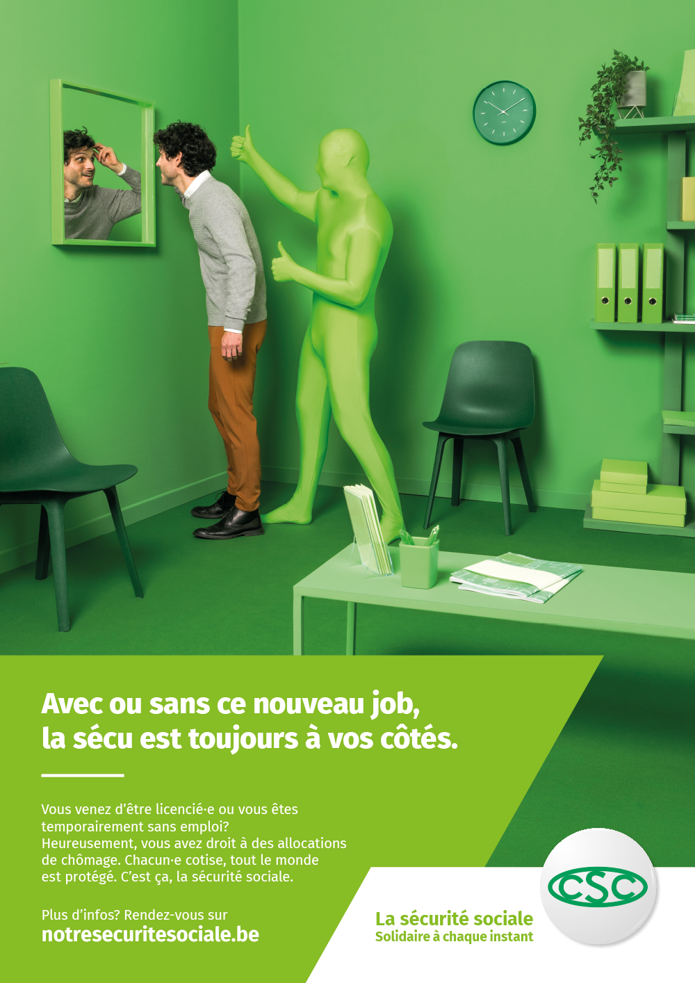 Affiche Chômage. "Avec ou sans ce nouveau job, la sécu est toujours à vos côtés".