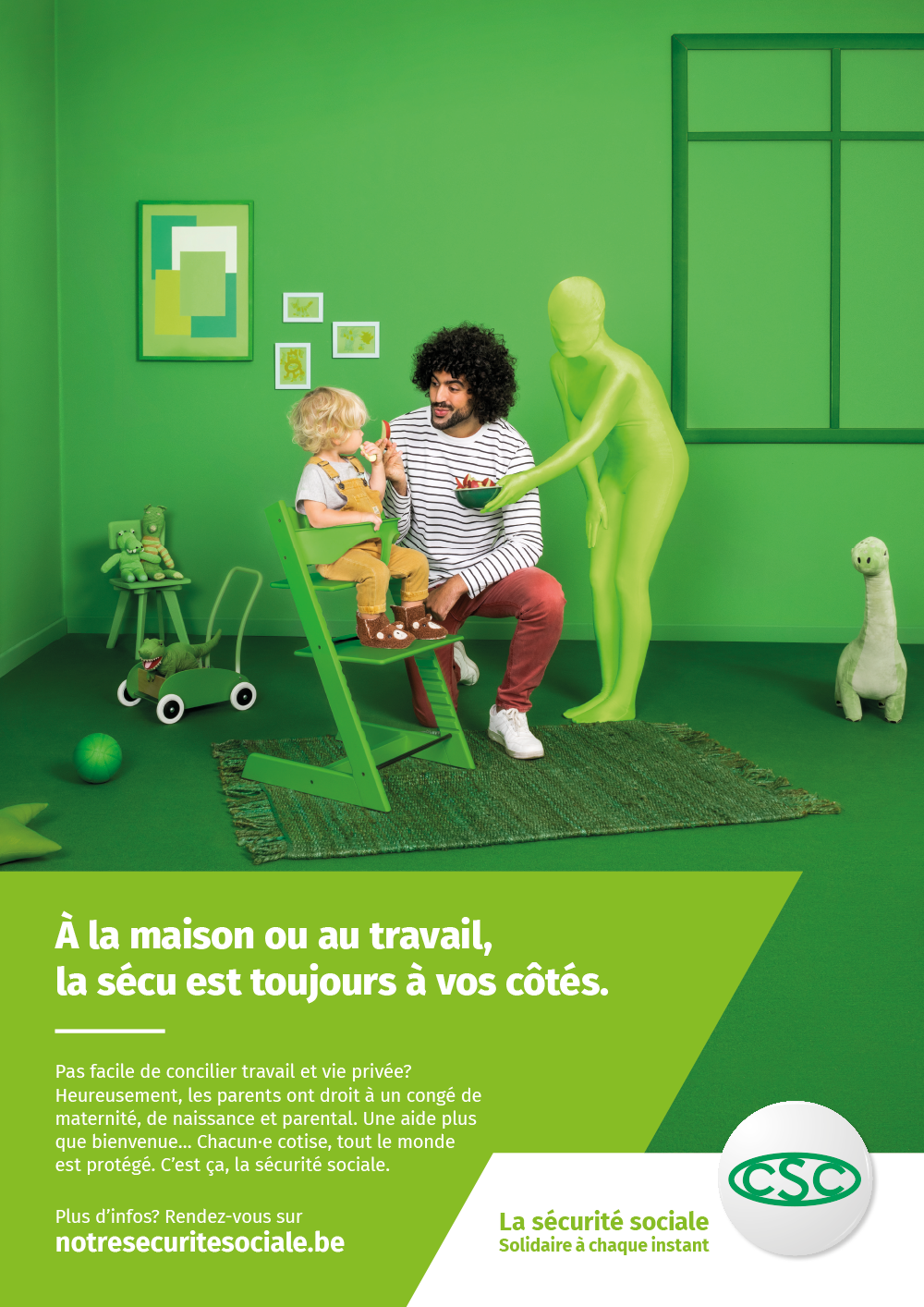 Affiche Crédit-temps. "A la maison ou au travail, la sécu est toujours à vos côtés."