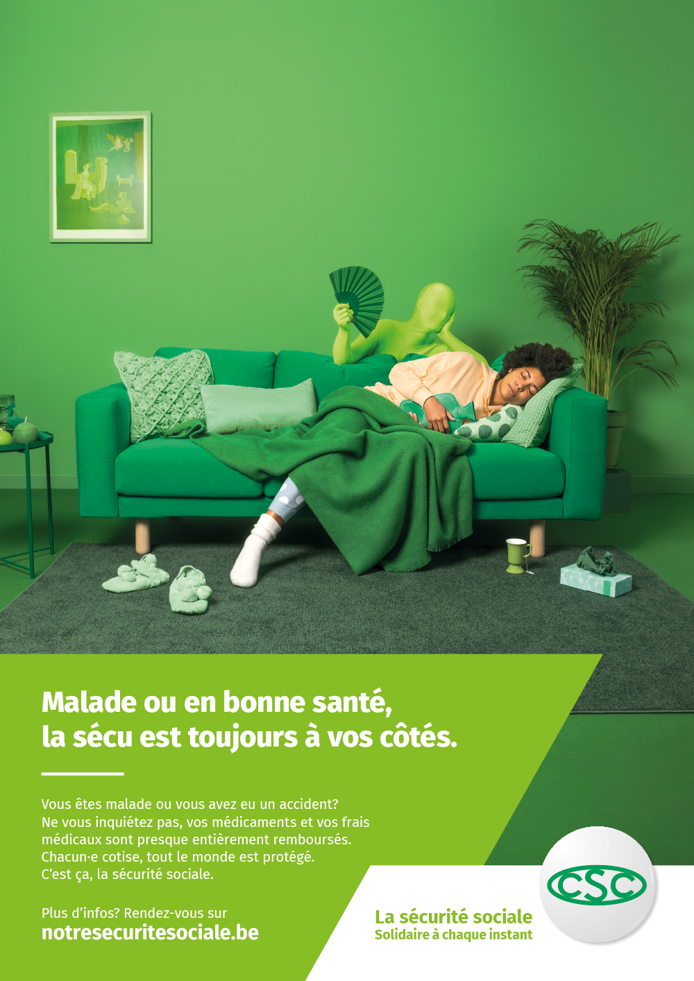 Affiche Maladie. "Malade ou en bonne santé, la sécu est toujours à vos côtés."