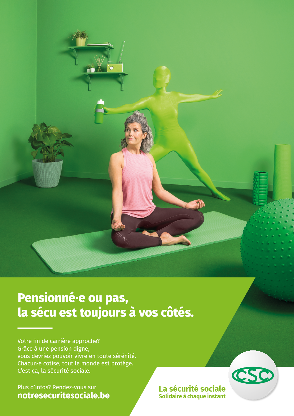 Affiche Pension. "Pensionné·e ou pas, la sécu est toujours à vos côtés."